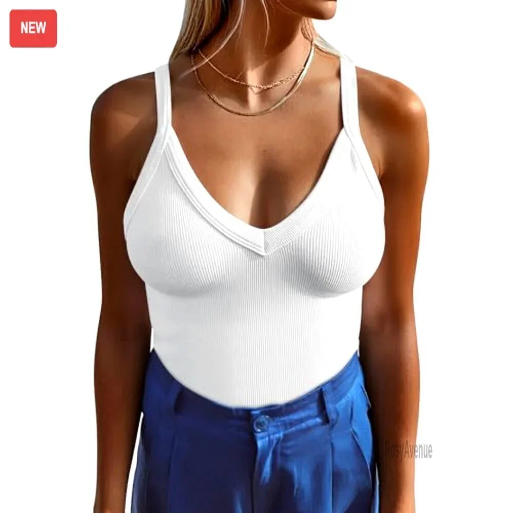 Ribbed V Neck Tank Top Women's Slim Fit Camisole Rayon Spaghetti Strap - Picture 2 of 8